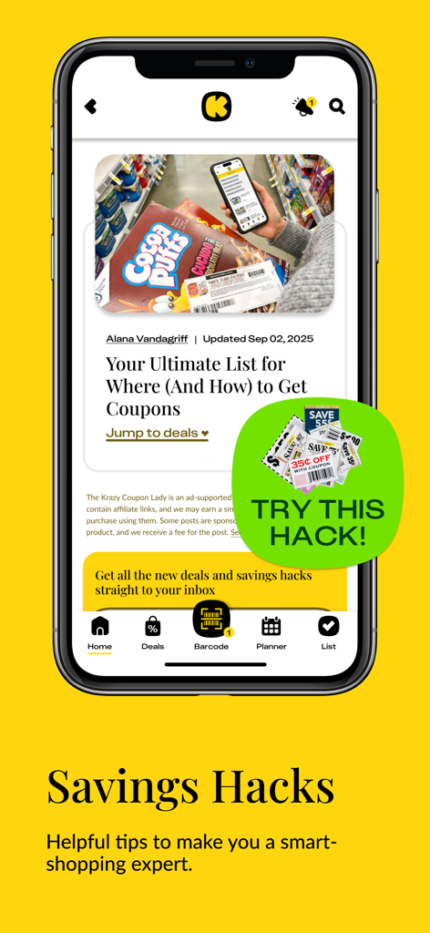 KCL app interface displaying smart shopping tips and savings hacks for coupons