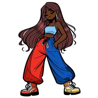 girl in baggy pants crop top and long hair