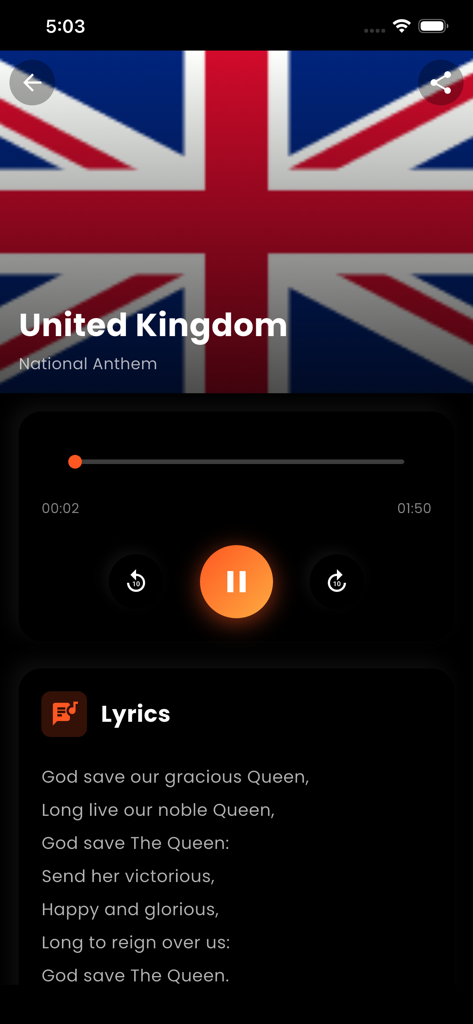 National Anthem Songs - Mobile app interface showing the United Kingdom national anthem with flag, audio player, and lyrics.