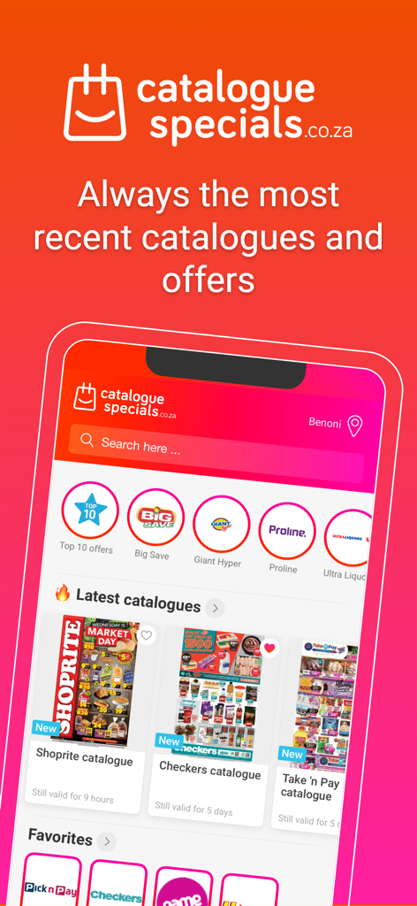 Startbildschirm der mobilen App Cataloguespecials.co.za mit den neuesten Geschäftskatalogen und Angeboten