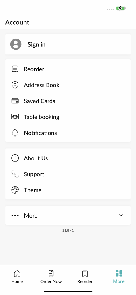 Account settings and menu options in the Sushi Park food delivery app