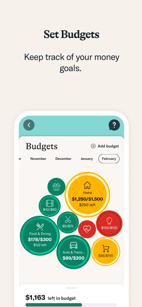 Central Pacific Bank - A mobile interface for Central Pacific Bank showing colorful bubbles for different budget categories like home and dining.