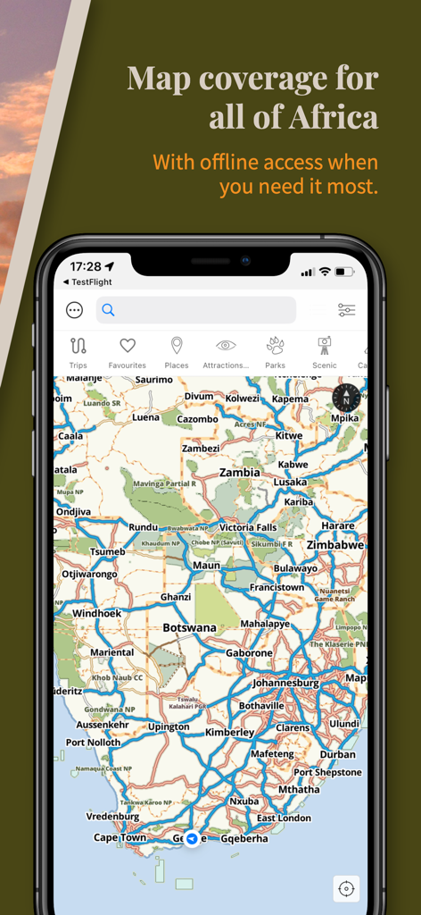 Tracks4Africa Guide - Aplicação Tracks4Africa Guide a exibir um mapa offline detalhado da África Austral