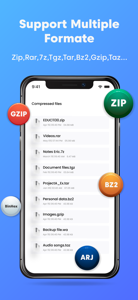 Mobile app interface displaying a list of compressed files and supported formats like ZIP, RAR, and 7Z