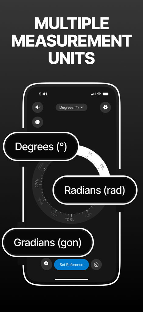 Protractor Measuring Angle - Interfaccia del goniometro digitale che mostra opzioni per unità di misura in gradi, radianti e gradi centesimali
