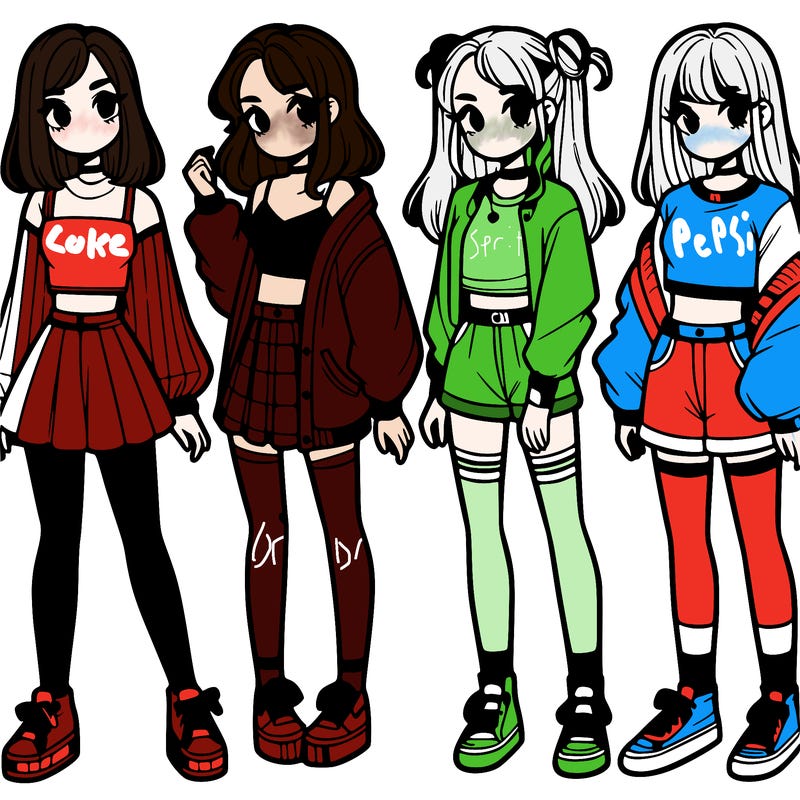 one girl with crop-top shirt and a jacket with a skirt, long socks and another girl with a shirt and pants with a jacket