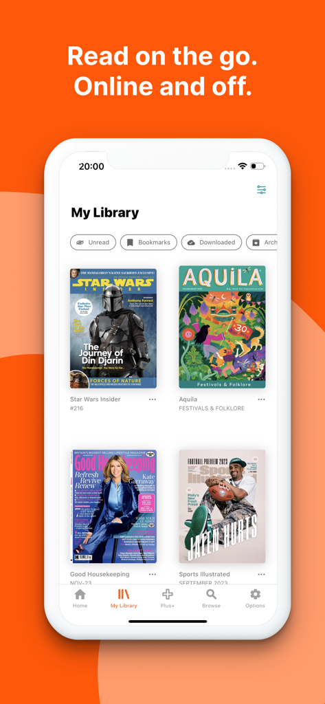 Pocketmags Digital Newsstand - Interface of Pocketmags app showing a user library with various digital magazines