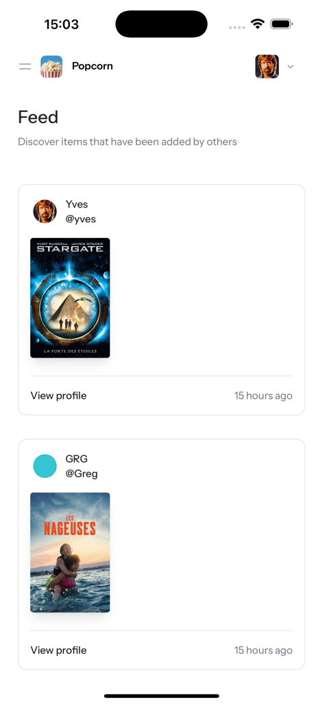 The discovery feed in the Popcorn movies app showing movie suggestions from other community members
