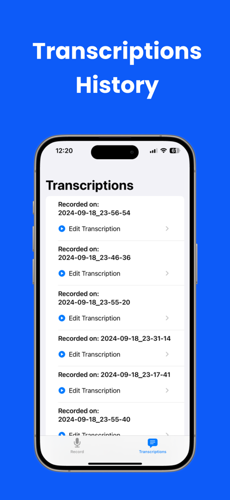 A list showing the history of saved voice-to-text transcriptions in the app.