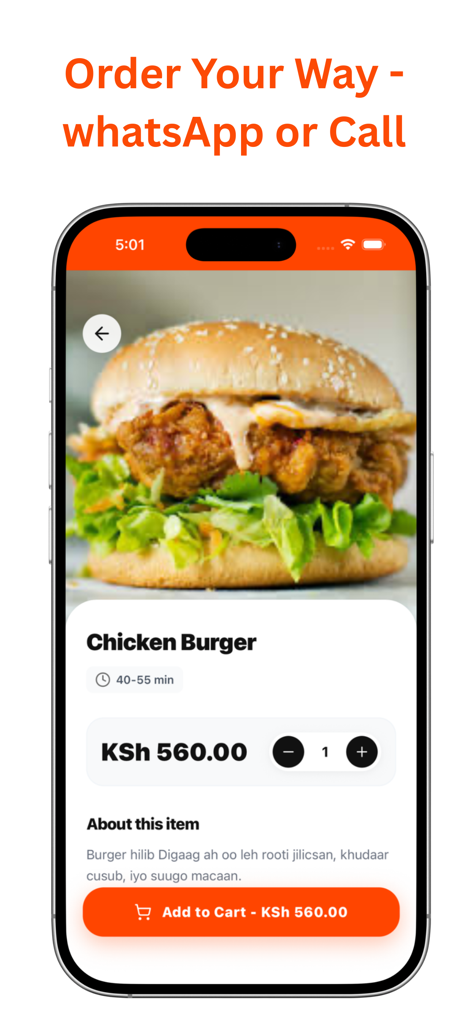 Interface do aplicativo móvel Dhadhan mostrando um hambúrguer de frango com preço e opções de pedido