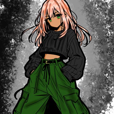 anime teen girl with baggy pants and crop top with sweater