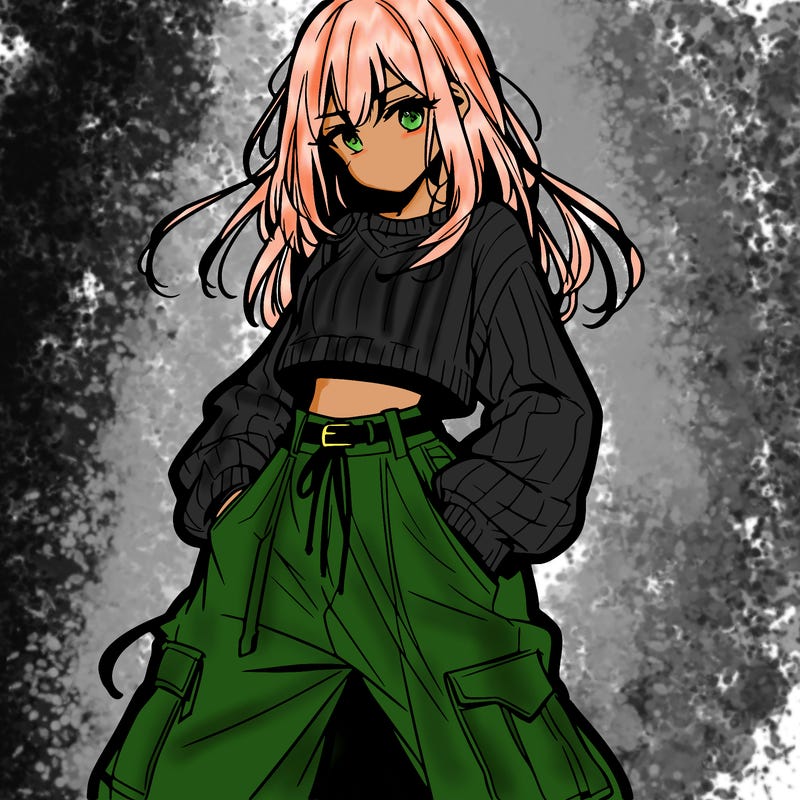anime teen girl with baggy pants and crop top with sweater