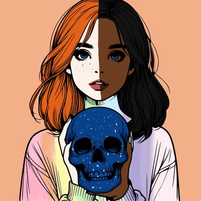 realistic girl holding a skull