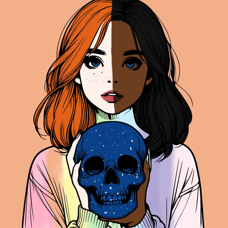 realistic girl holding a skull