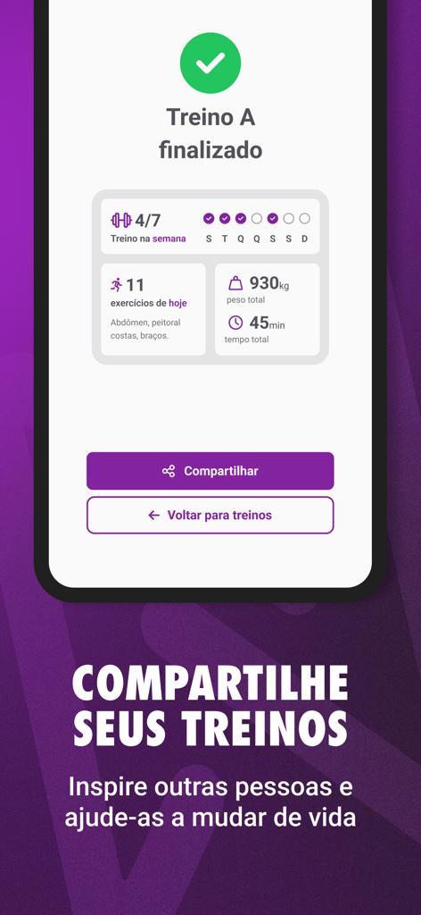 Next Fit app screen showing a completed workout summary with stats for exercises weight and duration
