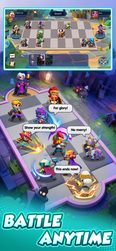 Checkmate Clash - Una escena de batalla táctica de Checkmate Clash con héroes de fantasía en un tablero a cuadros con el texto 'Lucha en cualquier momento'.