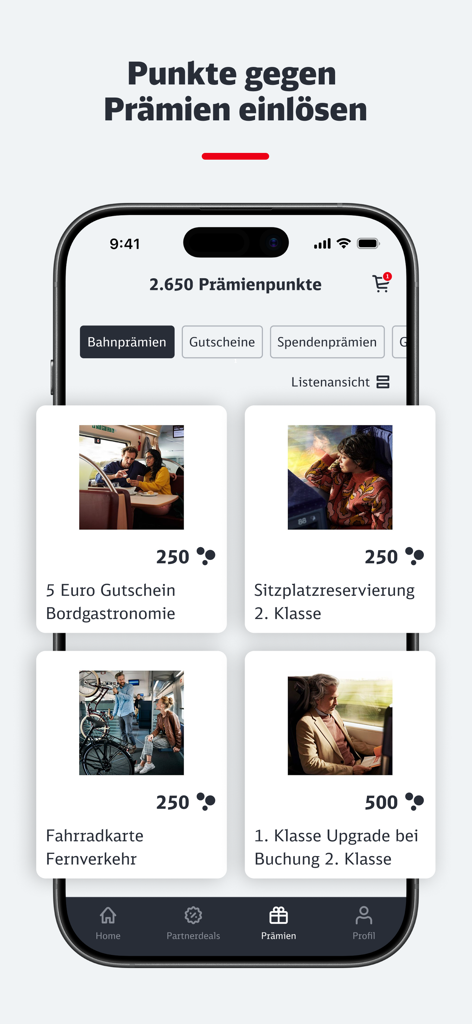 A smartphone display of the BahnBonus app showing point balance and various travel rewards like seat reservations and class upgrades