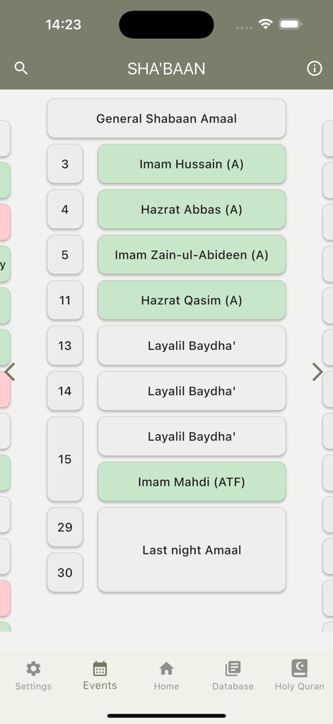 Shia Devotions - Shia Devotions app interface displaying religious events for the month of Shabaan