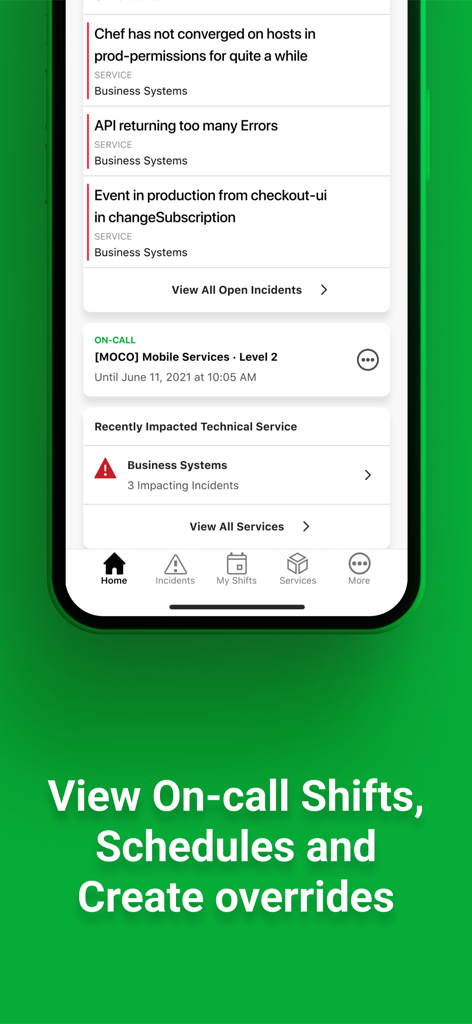 Pantalla de inicio de la aplicación móvil PagerDuty mostrando alertas de incidentes y horarios de guardia