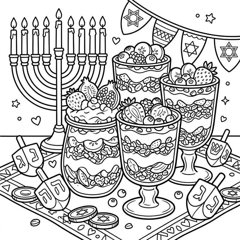 Celebrate Hanukkah with this delightful coloring page featuring delicious layered yogurt parfaits. Alongside traditional menorahs and dreidels, it's a sweet and festive scene perfect for all ages to color and enjoy.