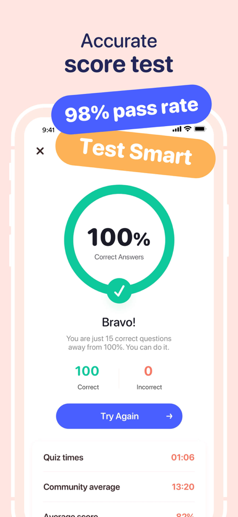 EMT Exam Prep 2026 - Interface of the EMT Exam Prep app displaying a perfect test score and quiz completion time.