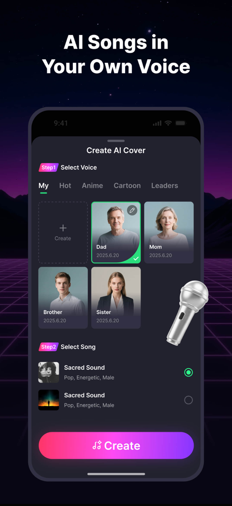 Tela do aplicativo Tad AI Music Generator mostrando como selecionar uma voz e música personalizadas para criar um cover de música com IA.