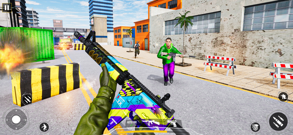 First war of gun shooting 2025 - First person shooter gameplay featuring a colorful assault rifle and enemies in an urban city street