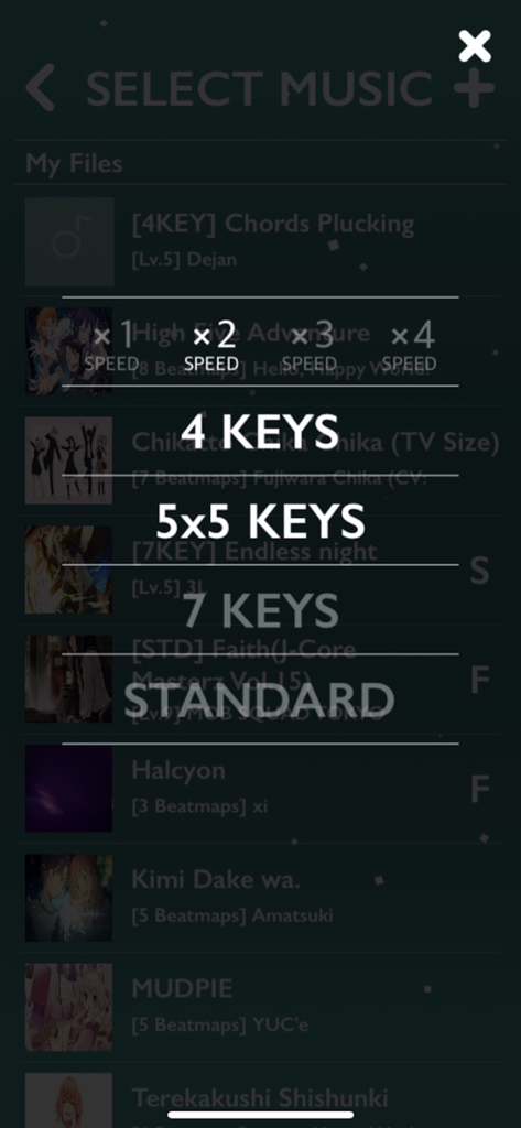 IOSU! - Music selection screen of IOSU! app showing speed and key mode settings