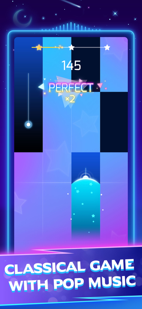Piano Star mobile rhythm game gameplay showing blue and purple tiles with a perfect score message