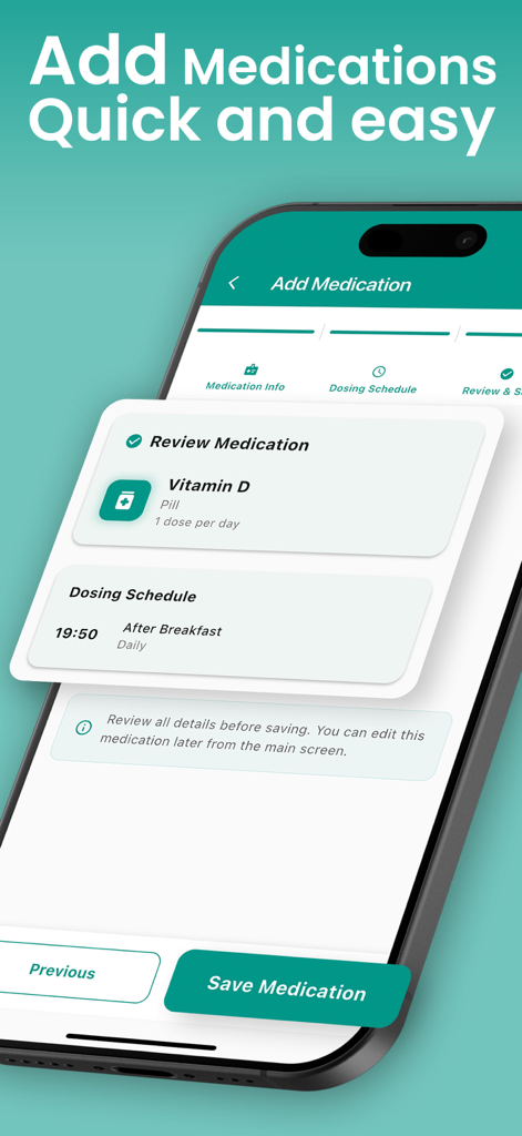 MedAlert: Pill Reminder - A interface do aplicativo MedAlert mostrando uma tela de resumo para revisar e salvar um novo medicamento com um cronograma de dosagem diária.