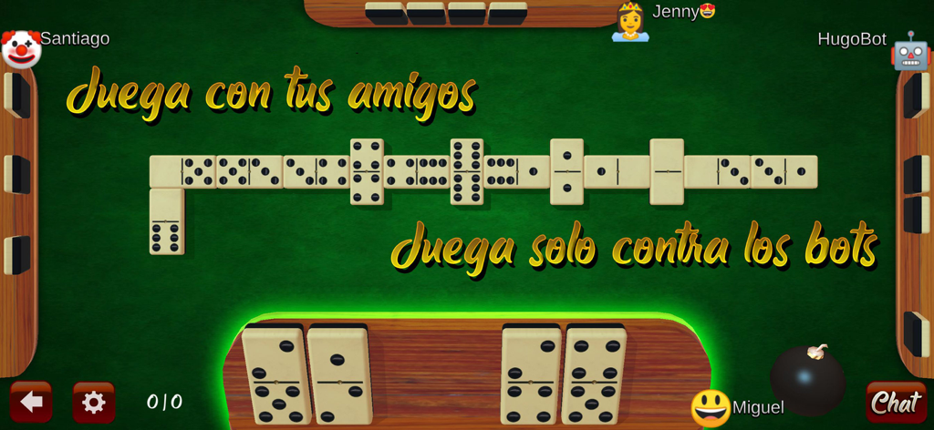 Dominó en Español - Gameplay de Domino en Espanol montrant une partie sur une table verte avec des avatars et des tuiles de domino