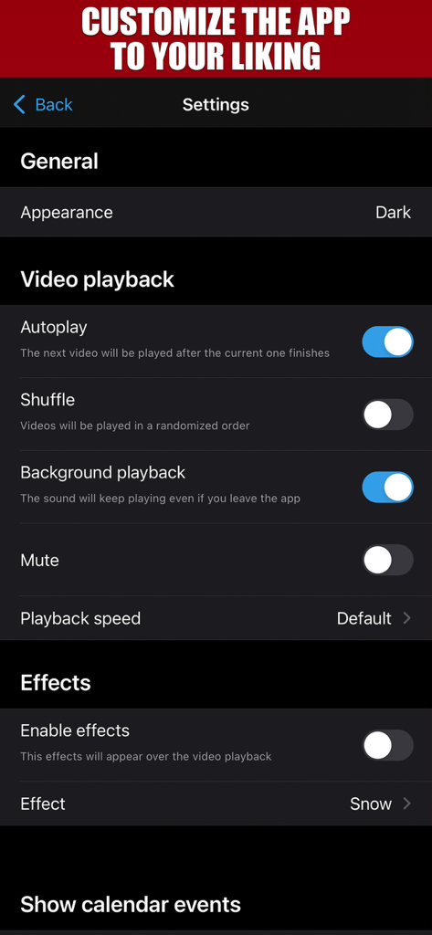 Slow Motion Cities 4K - Settings screen for Slow Motion Cities 4K showing video playback controls and effect options.