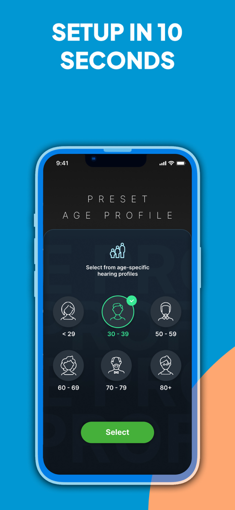 LISTENING DEVICE - HEARING AID - A smartphone screen showing the setup process for a hearing aid app with various preset age profile options