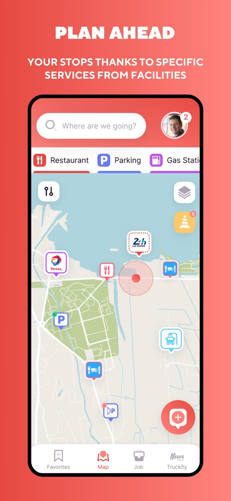 Truckfly - Truck GPS - Truckfly-App-Kartenoberfläche zeigt LKW-spezifische Stopps einschließlich Parkplätzen, Tankstellen und Restaurants an