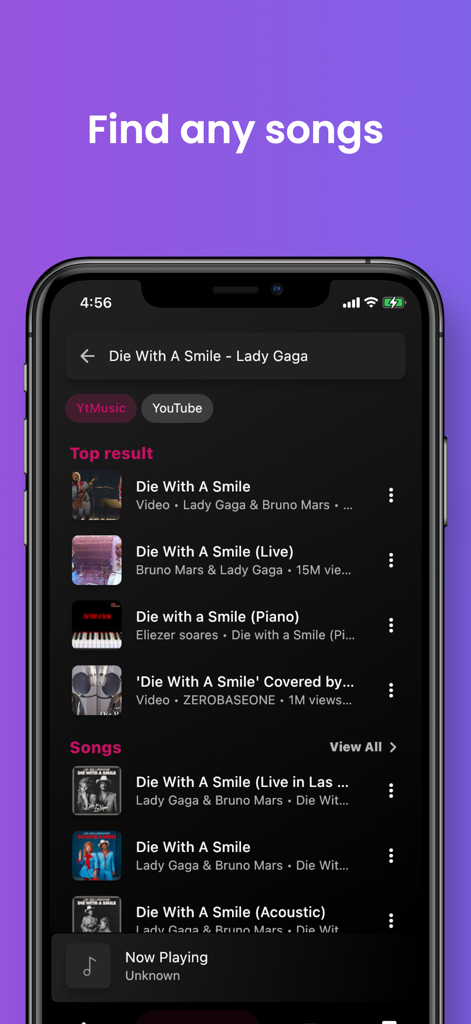 Youtify - Music & Playlists - Search results screen in the Youtify app showing various versions of a popular song with YouTube music integration