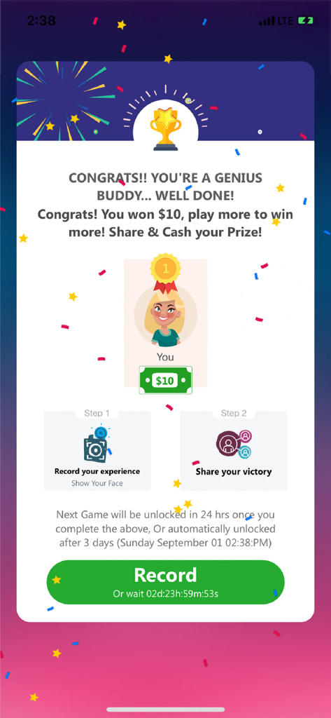 Play and Win -Win Cash Prizes! - Play and Winトリビアアプリで、10ドルの賞金を示す獲得画面。