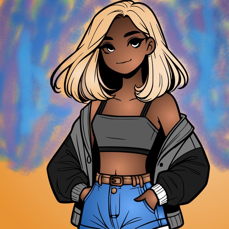 a realistic girl with a crop top and short shorts in an open jacket