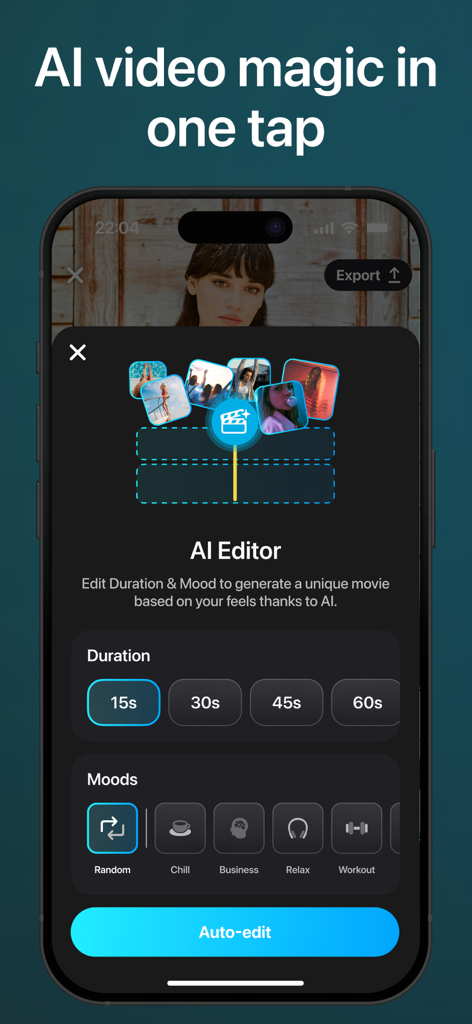 SnapCut: AI Video Editor Maker - SnapCut AI video editor interface showing duration and mood selection for automatic video creation