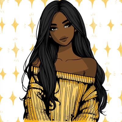 realistic girl with long hair wearing an off the shoulder sweater