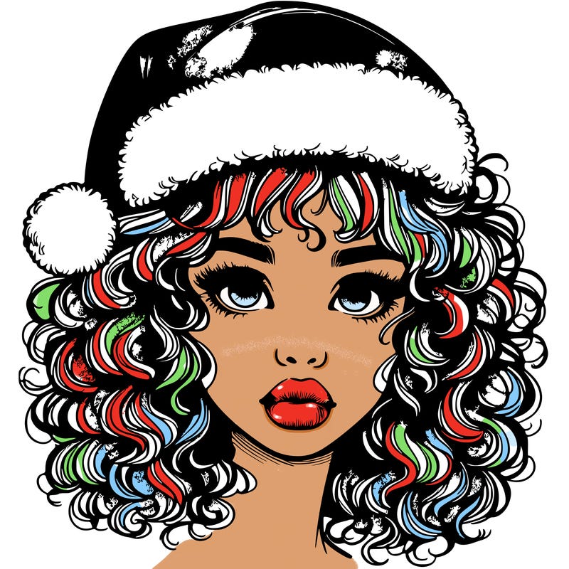 realistic girl with a santa hat curly hair and lips