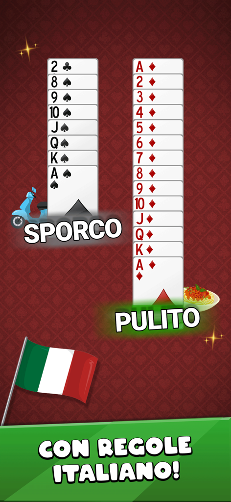 Burraco Italiano Jogatina - Schermata di gioco di Burraco Italiano che mostra sequenze di carte pulite e sporche con una bandiera italiana e testo delle regole.