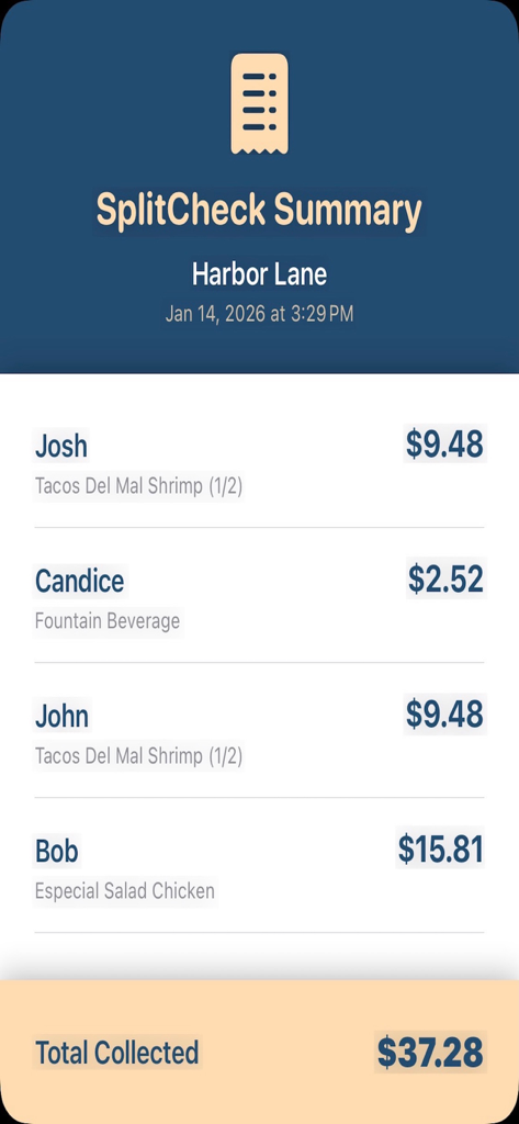 SplitCheck: Scan-Select-Split - A screenshot of the SplitCheck app showing an itemized bill summary for a group dinner