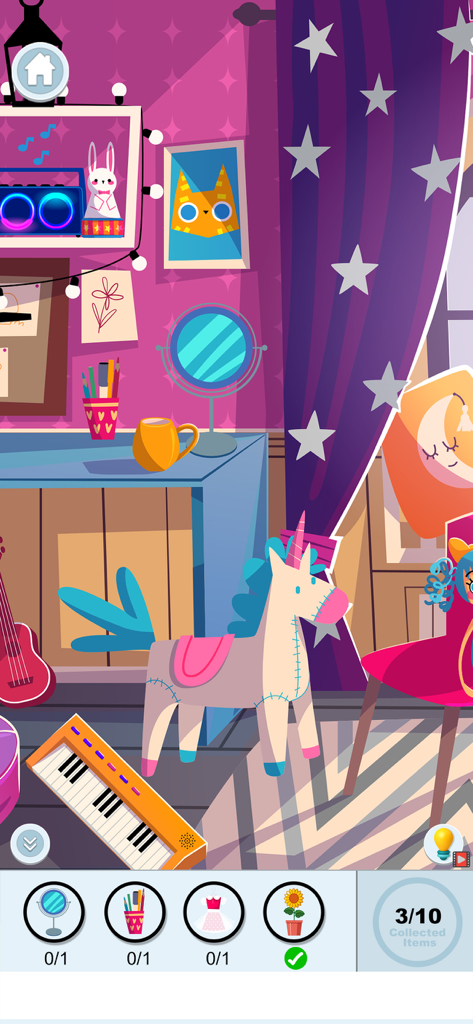Infinite Zoom Art Game! - Uma cena de quarto colorida de um jogo de objetos escondidos mostrando itens para encontrar em uma lista