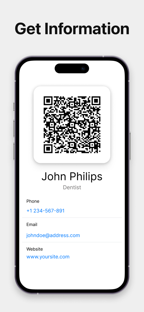 QR Reader & Code Scanner App - Smartphone screen showing a digital business card with a QR code for a dentist named John Philips including phone email and website links