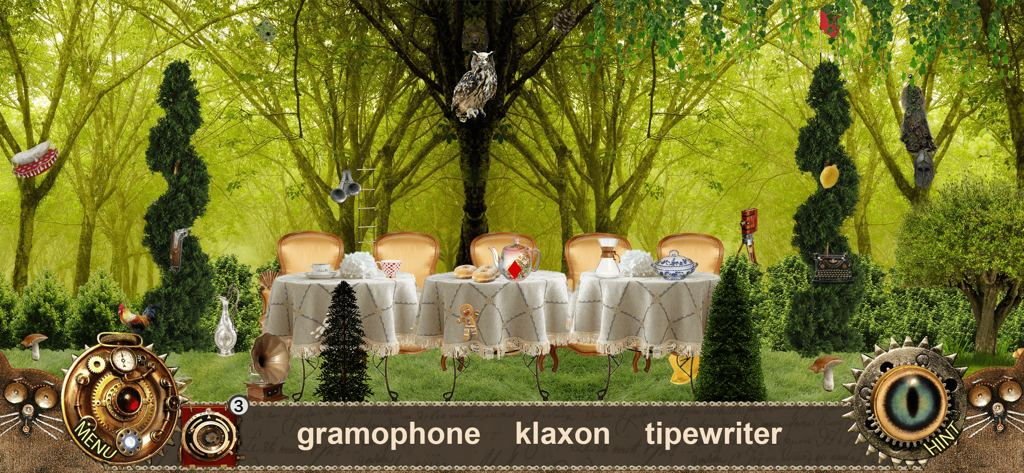 Eine skurrile Teeparty-Szene in einem üppigen grünen Wald aus dem Wimmelbildspiel Alice im Wunderland.