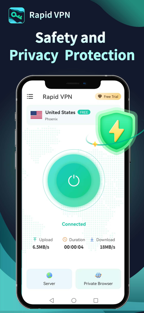 Rapid VPN app interface showing a secure connection to a United States server for safety and privacy protection