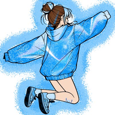 realistic girl jumping with a bun and oversized sweatshirt