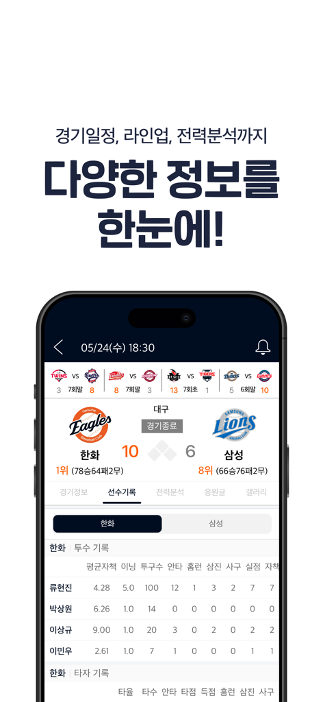 프로야구 LIVE - Una interfaz de aplicación móvil de KBO Liga de Béisbol Profesional que muestra puntuaciones de partidos de la KBO y estadísticas detalladas de jugadores