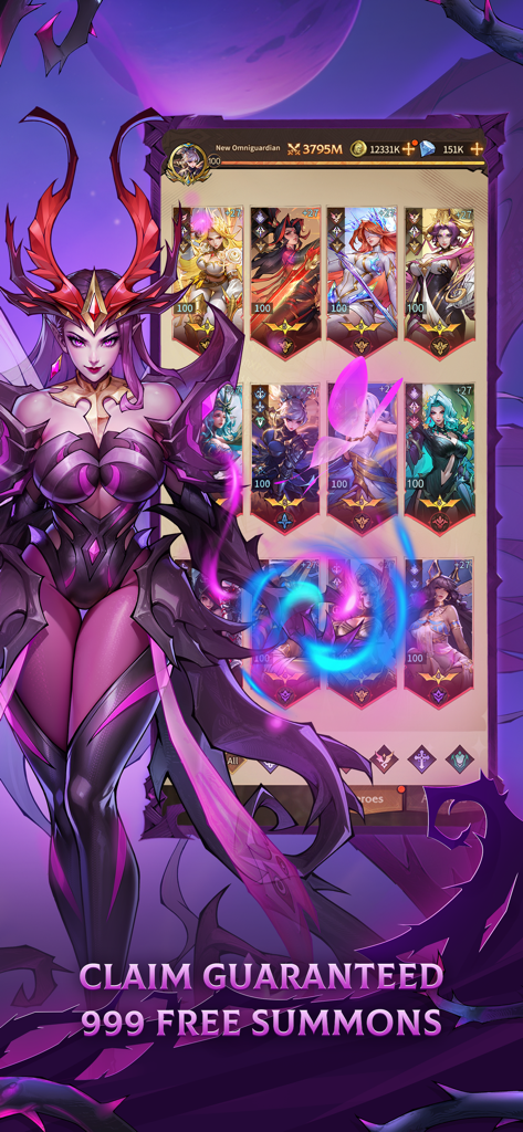 Omniheroes - ワルキューレのキャラクターと、999回無料召喚のオファーが表示されたヒーローコレクショングリッドを備えたOmniheroesモバイルゲームのスクリーンショット