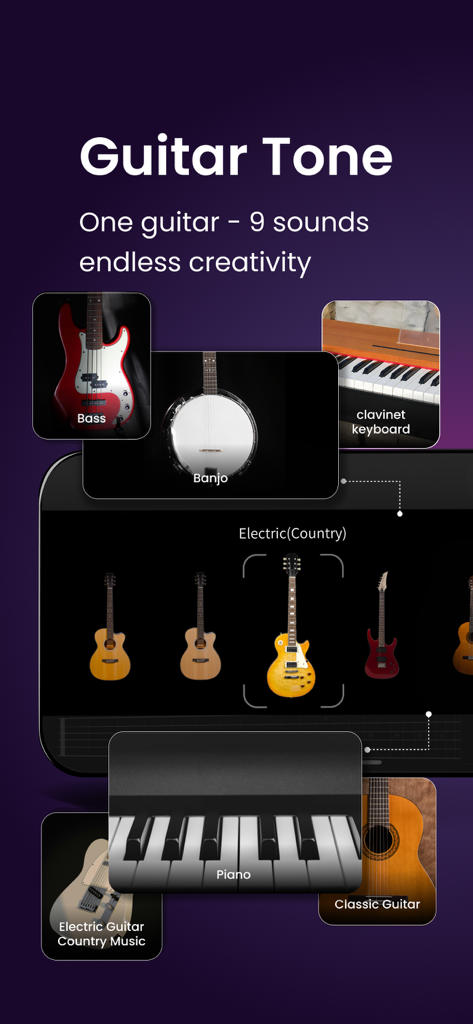 Interface showing different instrument sound options like bass banjo and piano in the AeroBand Guitar app